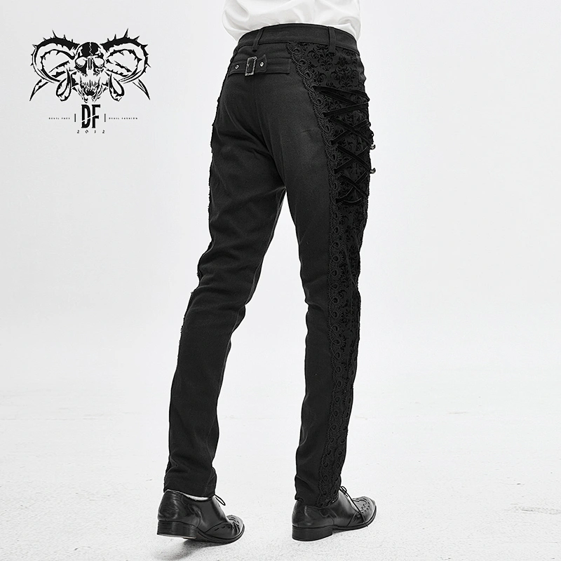 PT111 Devil fashion court flocking side buttons black fitted lace up men gothic trousers