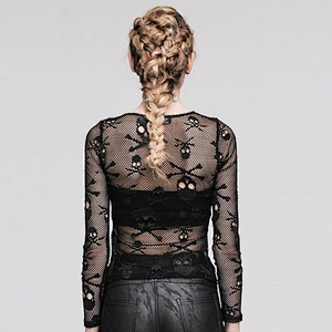 TTP223 RESTLESS'N'WILD punk skulls printed sexy women see through mesh fetish t-shirt