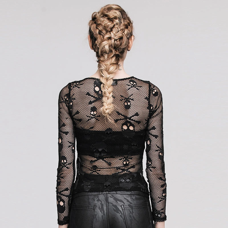 TTP223 RESTLESS'N'WILD punk skulls printed sexy women see through mesh fetish t-shirt