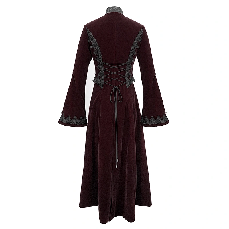 CT16202 Devil fashion appliqued lace waist flared sleeves elegant ladies wine long gothic party velvet coats