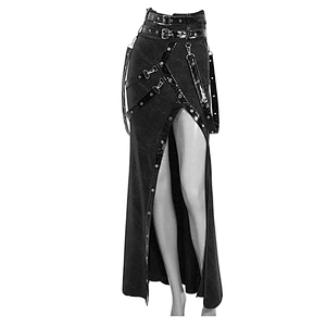SKT101 devil fashion cyber punk sexy women high waist side slit spiked half skirt with leather loops