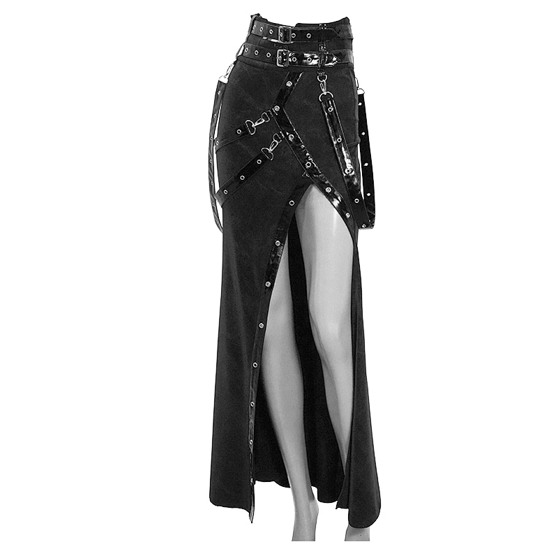 SKT101 devil fashion cyber punk sexy women high waist side slit spiked half skirt with leather loops