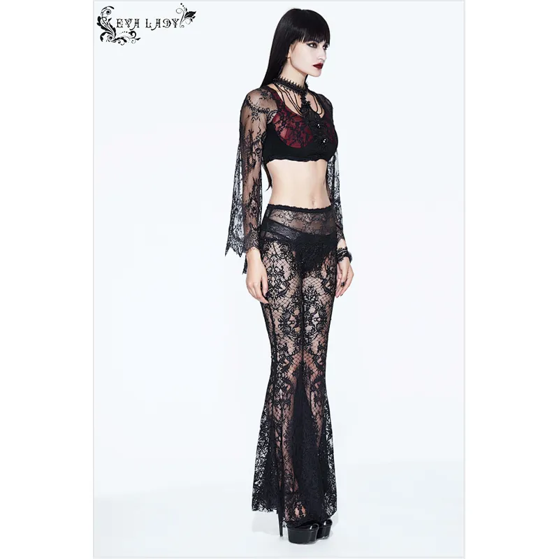 EPT004 Eva lady club elastic waist black sexy transparent lace embroidered bell bottom pants with bead chain