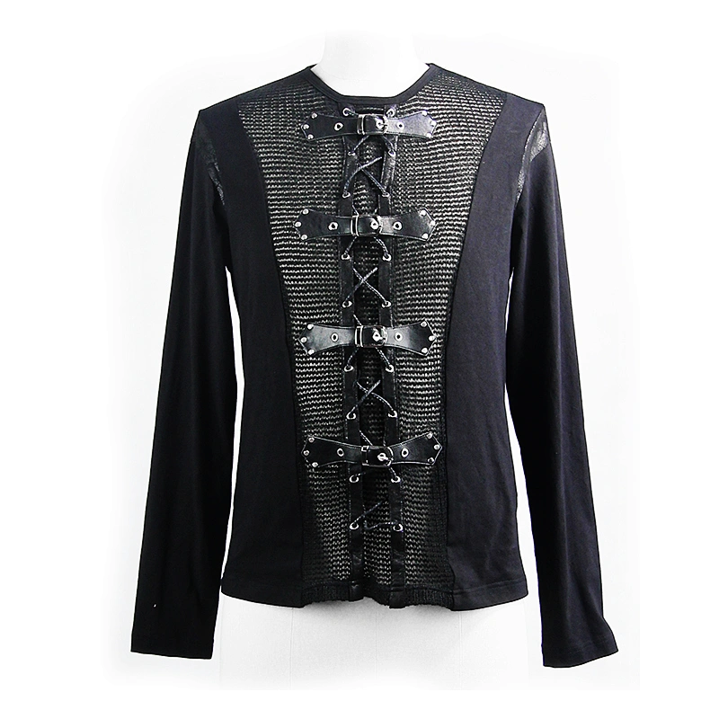 TT110 punk autumn long sleeves men woolen spliced laced T-shirts with leather nailed loops