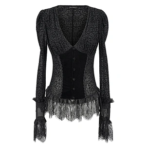 SHT056 Gothic floral flocking pattern lace cuff deep V neck sexy women black velvet blouse