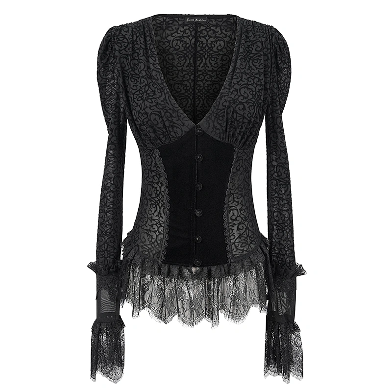 SHT056 Gothic floral flocking pattern lace cuff deep V neck sexy women black velvet blouse