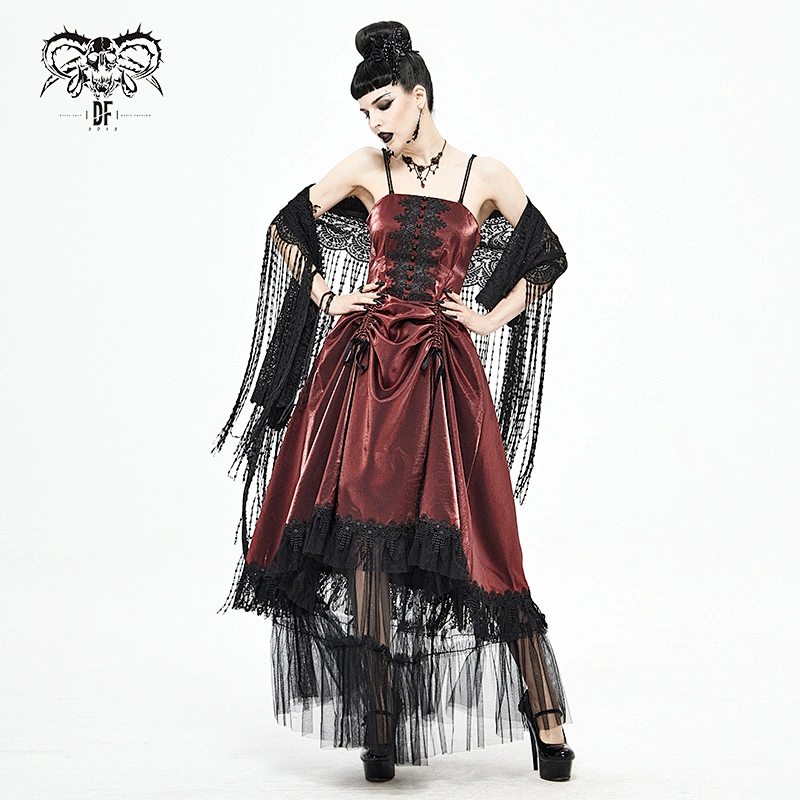 SKT11302 red shining sexy ladies Gothic event mesh spliced long laced up evening slip dress