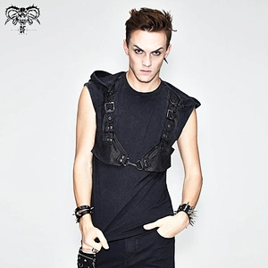 TT101 black heavy metal summer leather body harness sleeveless punk rock men hooded tops