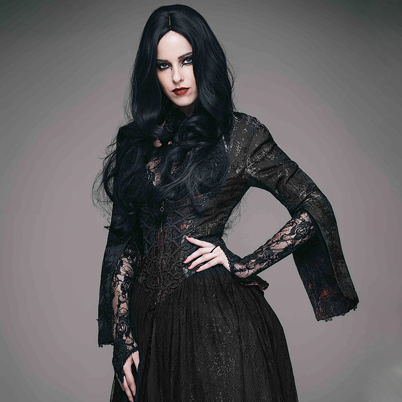 ECT003 Eva lady evening party small stand collar black and red gothic women winter long dress coat