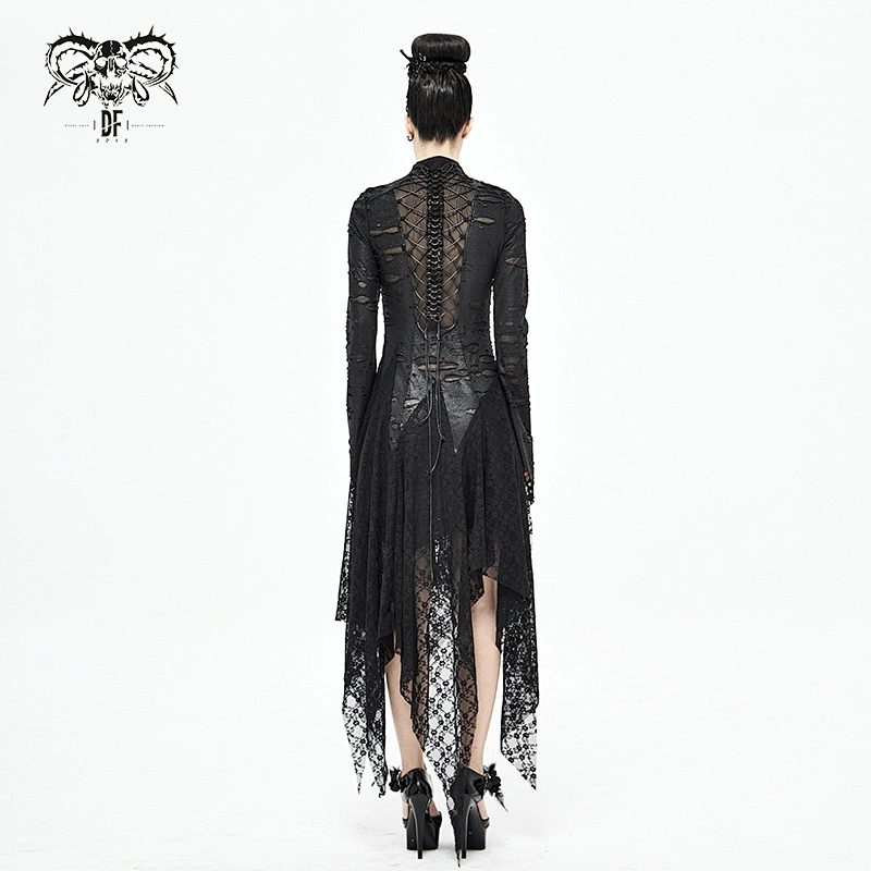 SKT122 Gothic broken holes textured Dragon Spine rose lace mesh black sexy women hollow out dress