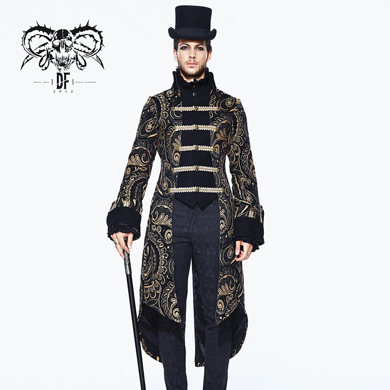 CT091 devill fashion Paisley jacquard folded cuff gold braid fake 2 pieces Pirate costume men long coats