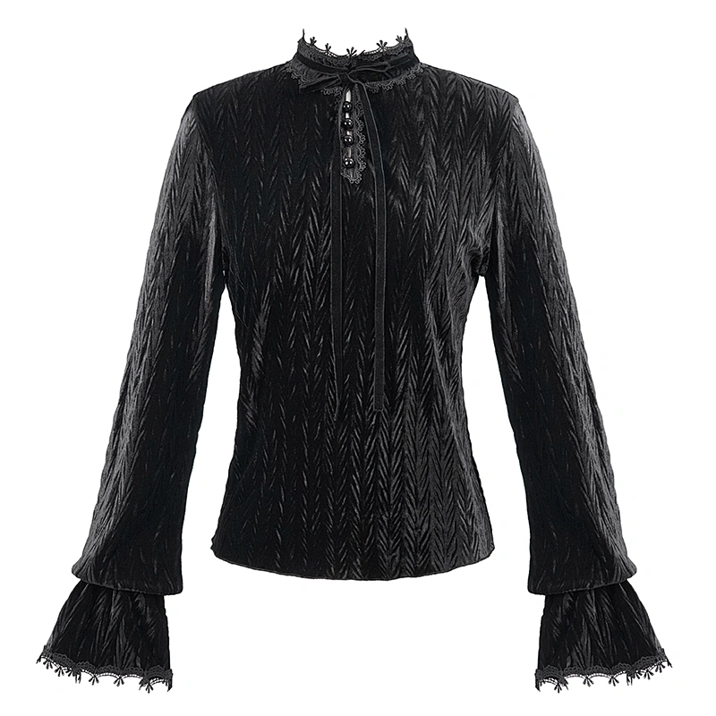 SHT07001 Spring and Autumn daily life small lantern sleeve lace cuff sexy ladies pleated velvet blouse
