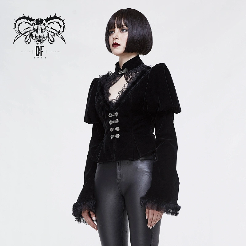 CT108 Devil fashion vintage puff sleeves lace deep V neck black velveteen gothic women short jacket