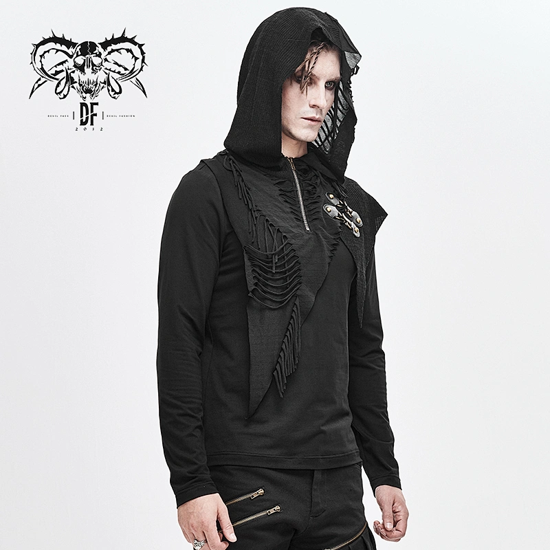 TT140 Autumn punk black asymmetric broken holes worn zipper up neckline hooded tops with loops