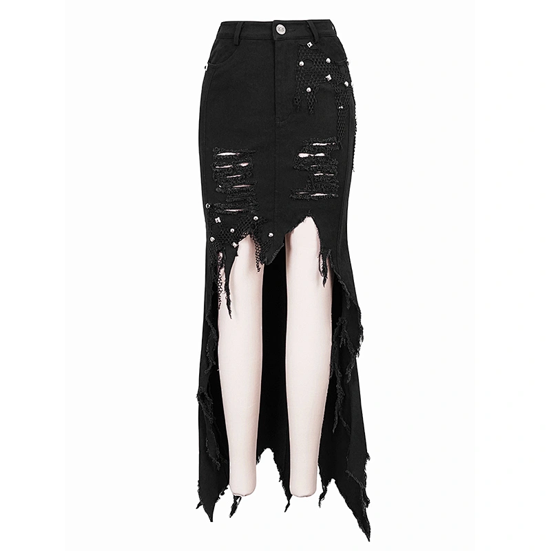 SKT115 sexy women broken holes front short long back cut fishtail punk nailed black half skirt