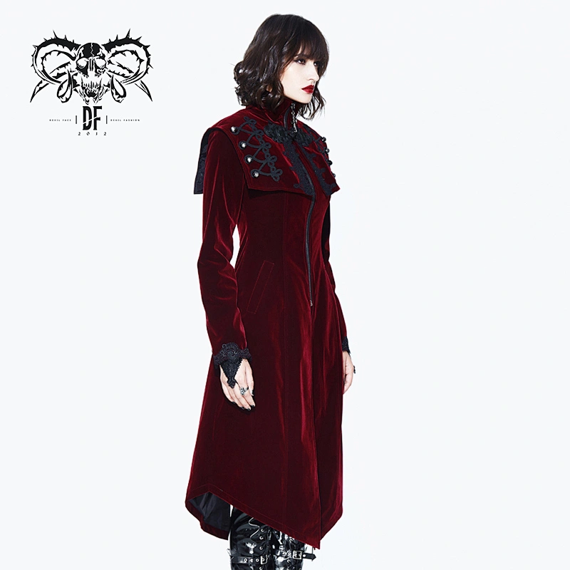 CT08602 Devil fashion high collar gothic festival red velvet noble women chinese frog long coats with shawl