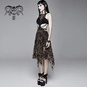 SKT09002 club gothic black and coffee queen printed hollow out waist sexy women sleeveless dress