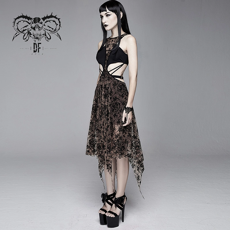 SKT09002 club gothic black and coffee queen printed hollow out waist sexy women sleeveless dress