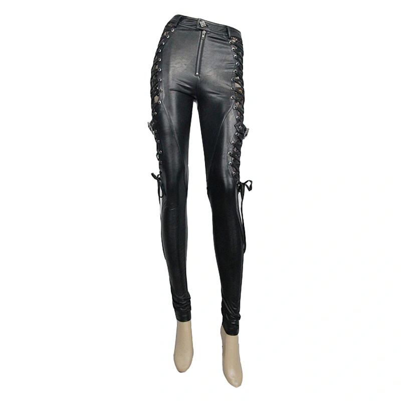 PT064 Devil fashion lace up rose mesh gothic sexy women skinny leather leggings with loops