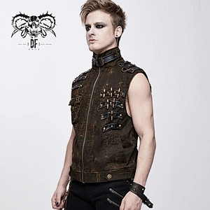 WT038 movie brown heavy metal steampunk string design zipper up men vest with pocket