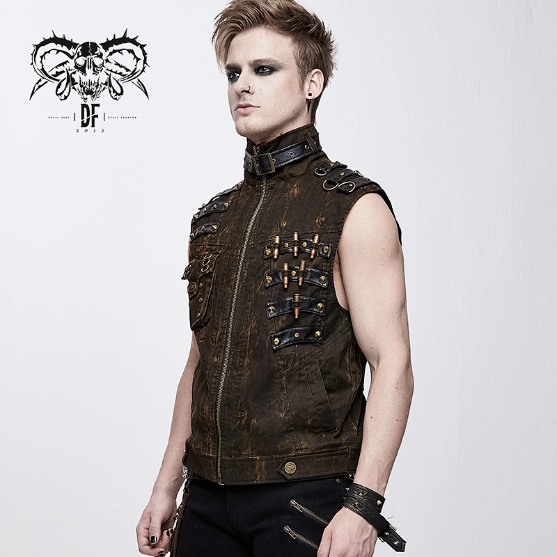 WT038 movie brown heavy metal steampunk string design zipper up men vest with pocket