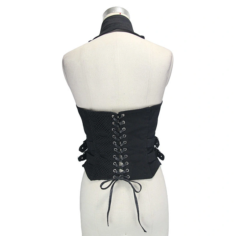WT009 women punk reverse collar tied with rope zipper up spiked busty waistcoat with loops