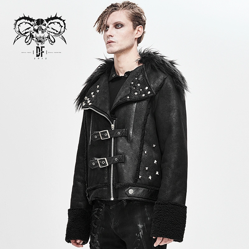 CT142 Devil fashion fur collar black zipper up punk rivets short leather jacket for men