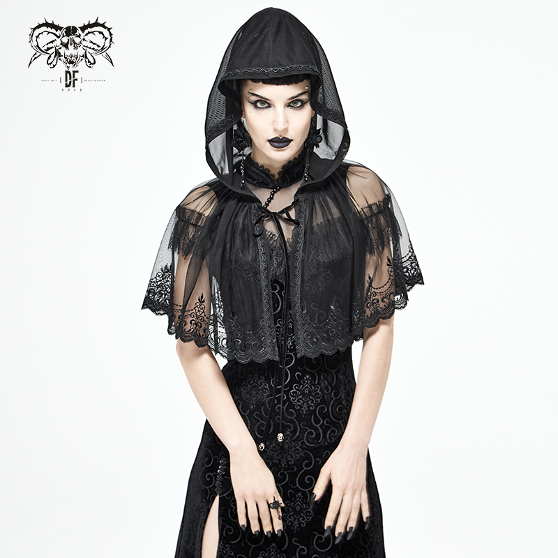 CA022 witch darkness Gauzy mesh hooded black gothic short small lace cape with pendant