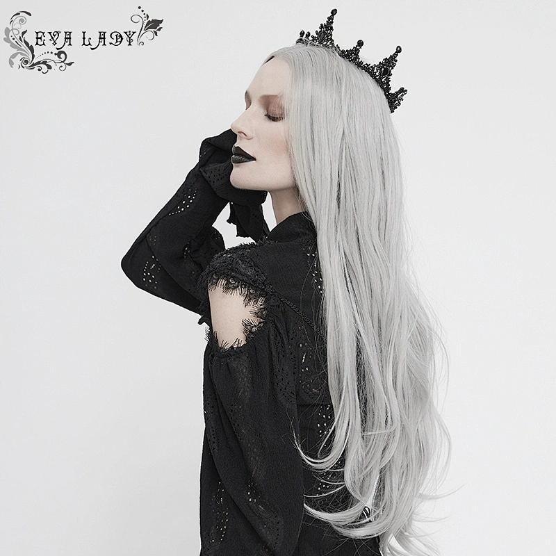 EAS011 Eva lady Gothic party noble black diamonds and beads iron alloy hollow out crown