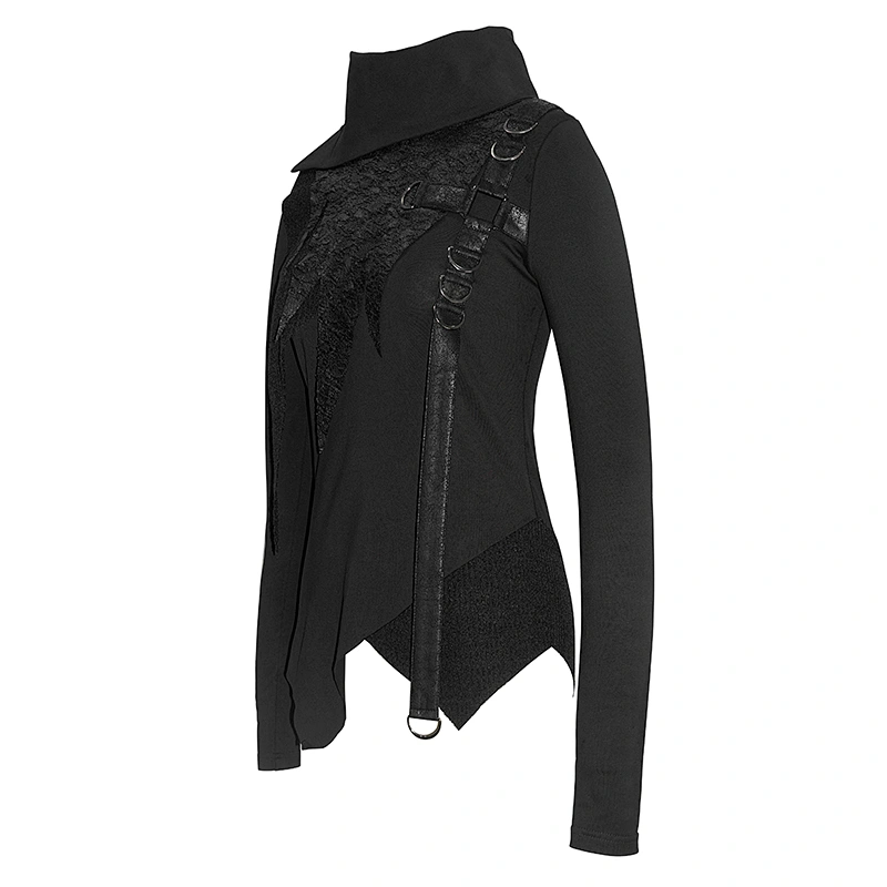 TT146 cross-shaped loop scarf effect high neck women Korean style asymmetric long sleeves black T-shirt