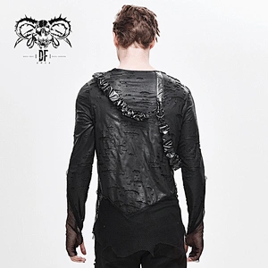 TT136 Decadent broken holes punk mesh spliced black long sleeves men t-shirts with leather loops