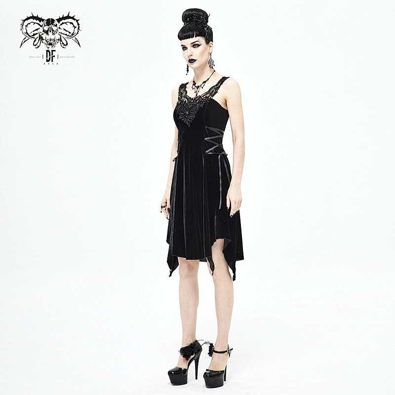 In stock wholesale summer black velvet sleeveless mid length sexy lace gothic women dress