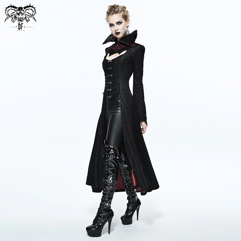 CT07302 Devil fashion dark Paisley open hem embroidered big stand collar horn sleeves gothic women long coats