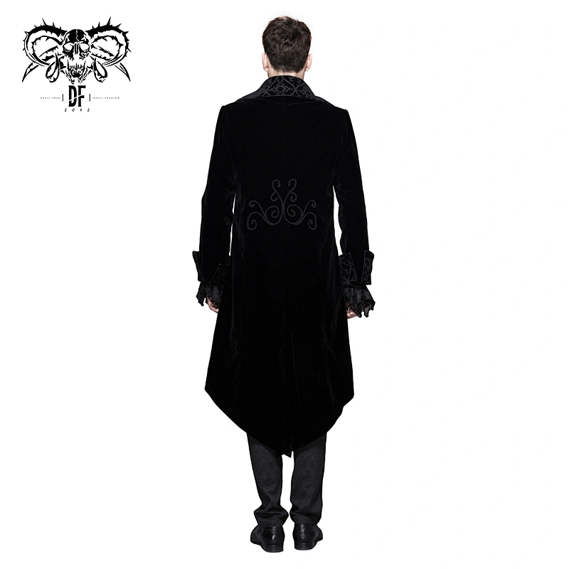 CT02801 Devil fashion black button up embroidered velvet gothic party men long swallow-tailed coat