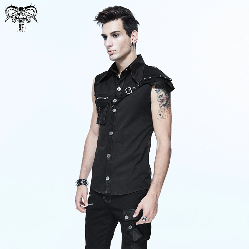 SHT02901 devil fashion single shoulder armor punk men black sleeveless shirts with pocket