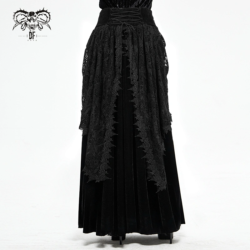 SKT127 Gothic party sexy women black mid-waist drawstring long stretchy velvet skirts with lace