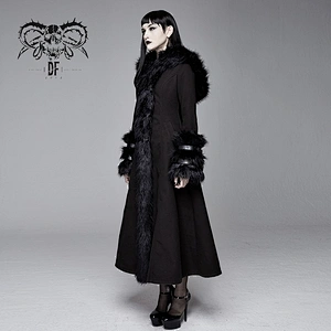 CT12601 Gothic winter daily women warm black fur hooded long woolen coat