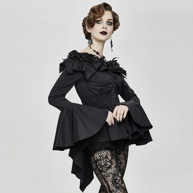 ESHT006 Eva lady daily life flare sleeves rose flower elastic waist black off the shoulder blouse