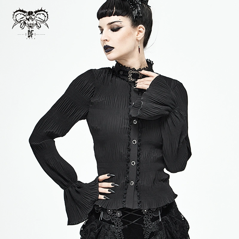 SHT071 daily life gothic women lace stand up collar horn sleeves black pleated chiffon blouse