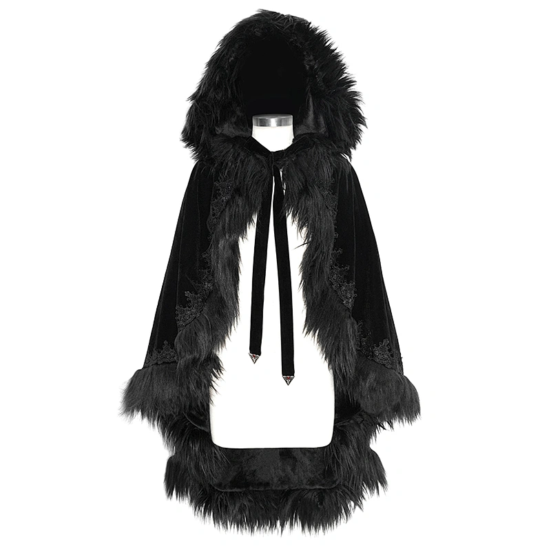 CA019 Devil fashion darkness stylish thick black coats women winter warm gothic hooded cloak with fur
