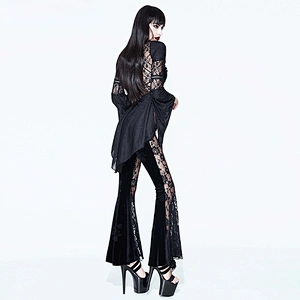 EPT005 Eva lady Nightclub Empire black rose pattern sexy Gothic see through skinny lace bell bottom pants