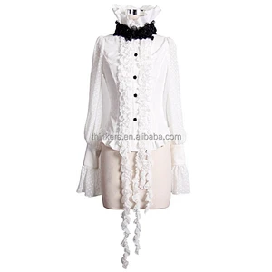 SHT00202 Devil fashion lotus leaf collar elegant women lace up white gothic chiffon blouse