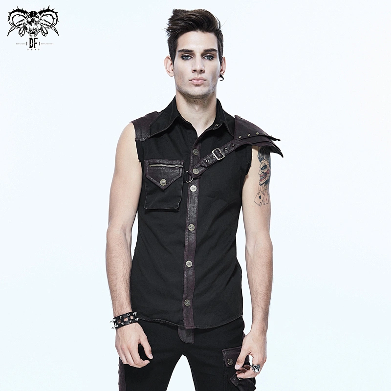 SHT02902 summer biker single shoulder armor steampunk men black and brown sleeveless shirts with pocket