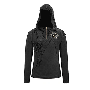 TT140 Autumn punk black asymmetric broken holes worn zipper up neckline hooded tops with loops