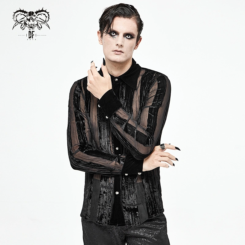 SHT063 Gothic Festival New Designs Irregular Striped Velvet Pleated Basic Style Slim Men Shirts