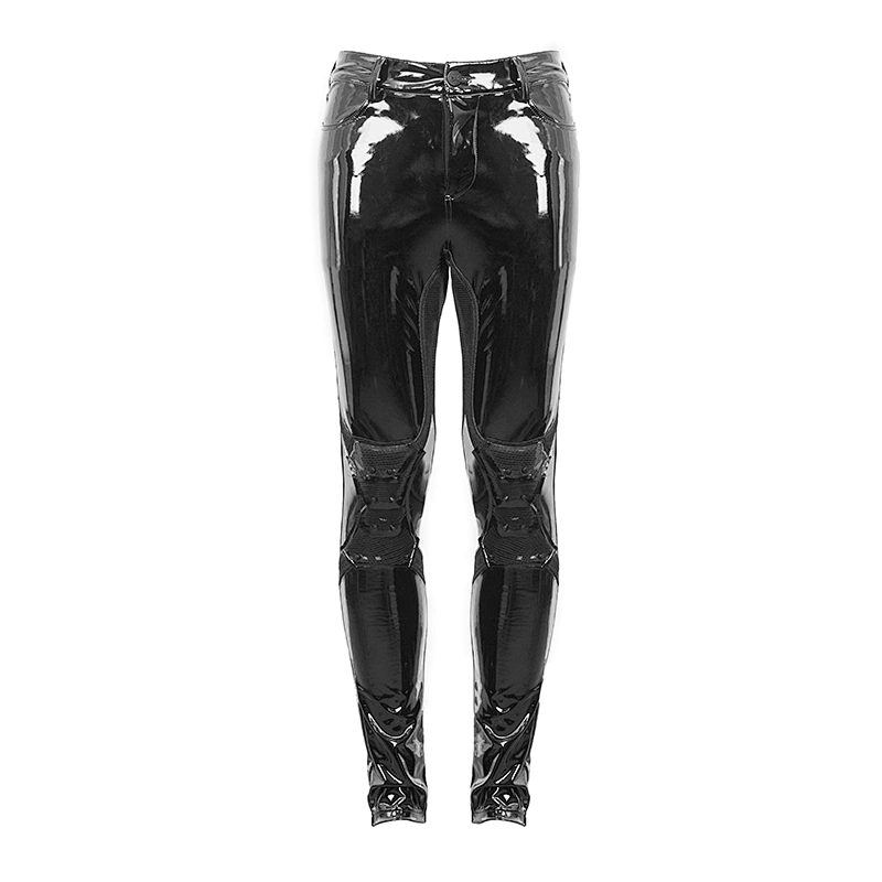 PT127 Devil fashion biker black nailed Kneepad tight cyberpunk men patent leather trousers