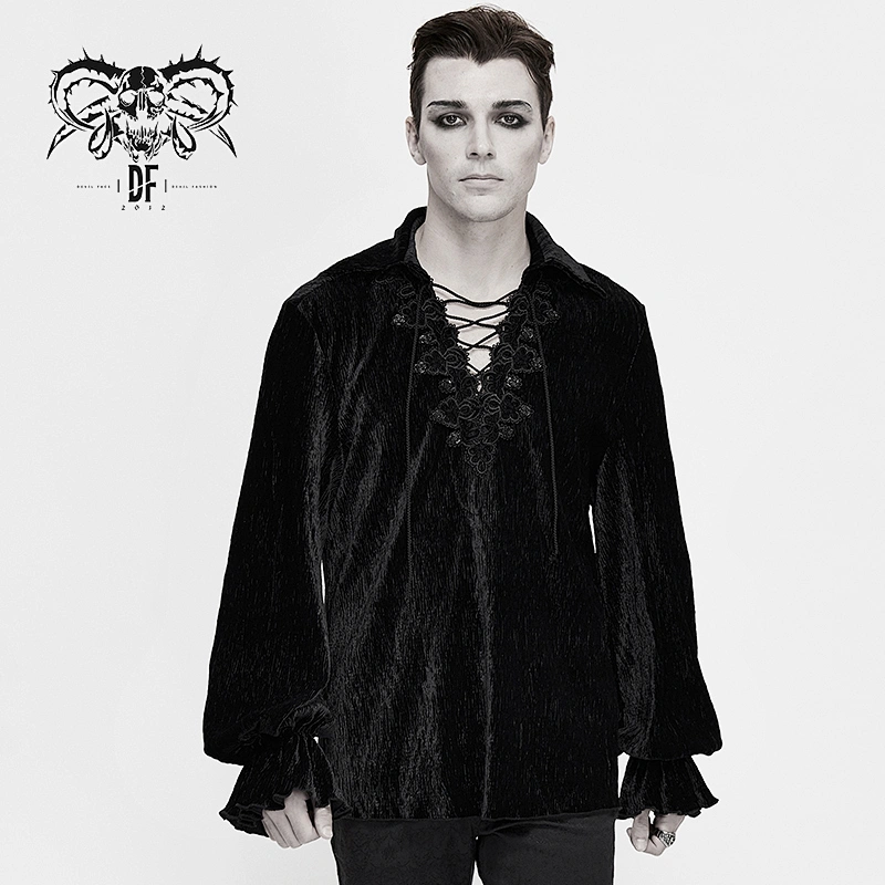 SHT057 Gothic performance lantern sleeve loose version pleated velvet black men shirts with lace