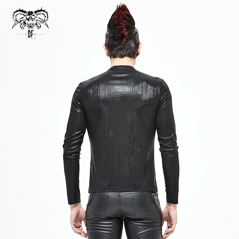 TT173 daily bright black Cyberpunk long sleeve fine vertical lines stretchy men T-shirt with zipper