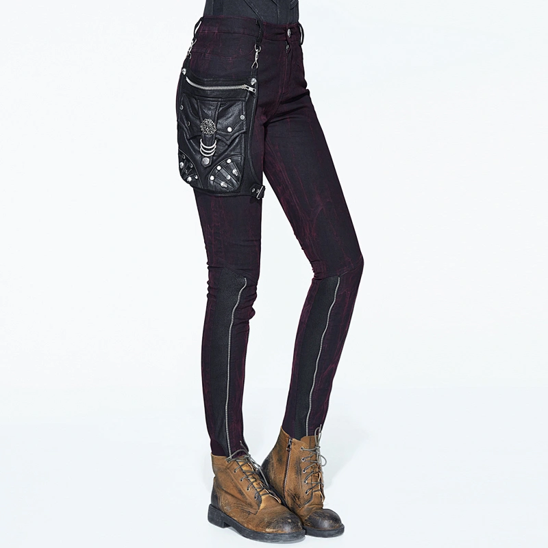 PT08102 Devil fashion designer distressed wine sexy ladies steampunk skinny pants with leg bag
