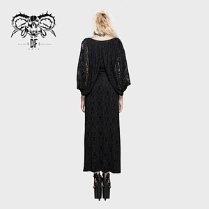 SKT035 Gothic party skull printed  V neck lace shawl sleeve high slit black long dresses